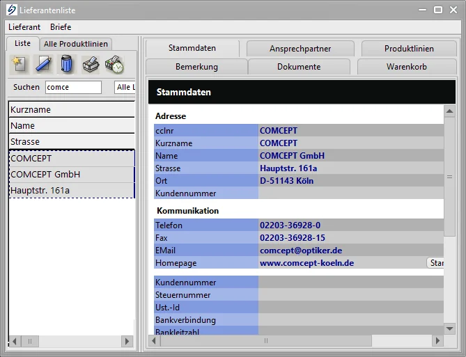 COMCEPT Stammdaten eines Lieferanten mit Adresse, Kommunikation und Produktlinien